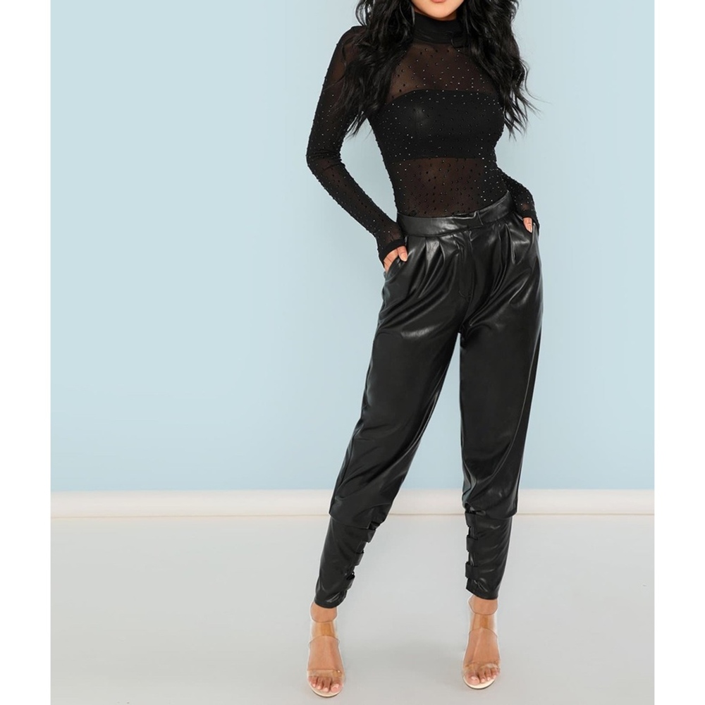 Black Long Sleeve Mesh Rhinestones Sheer Bodysuit - Picture 5 of 6